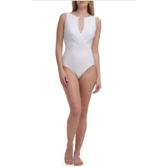 Calvin Klein $108 High Neck Tummy Control One Piece Swimsuit White Size 10 - Picture 1 of 6